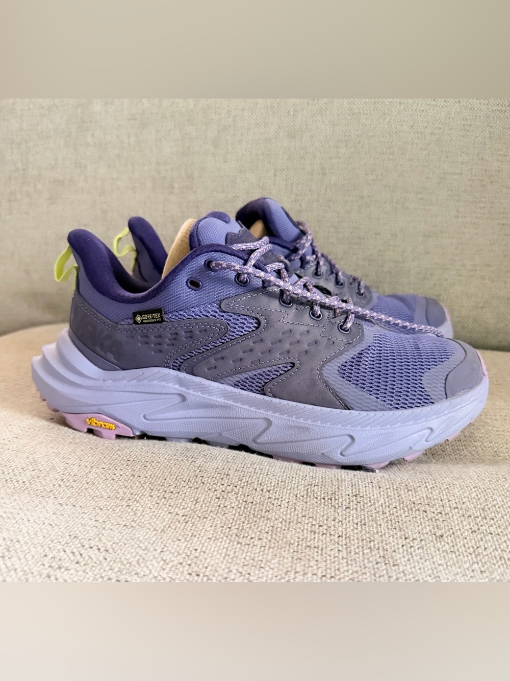 Hoka Women's Purple Athletic Trail Shoes with Lime Pull Tabs
